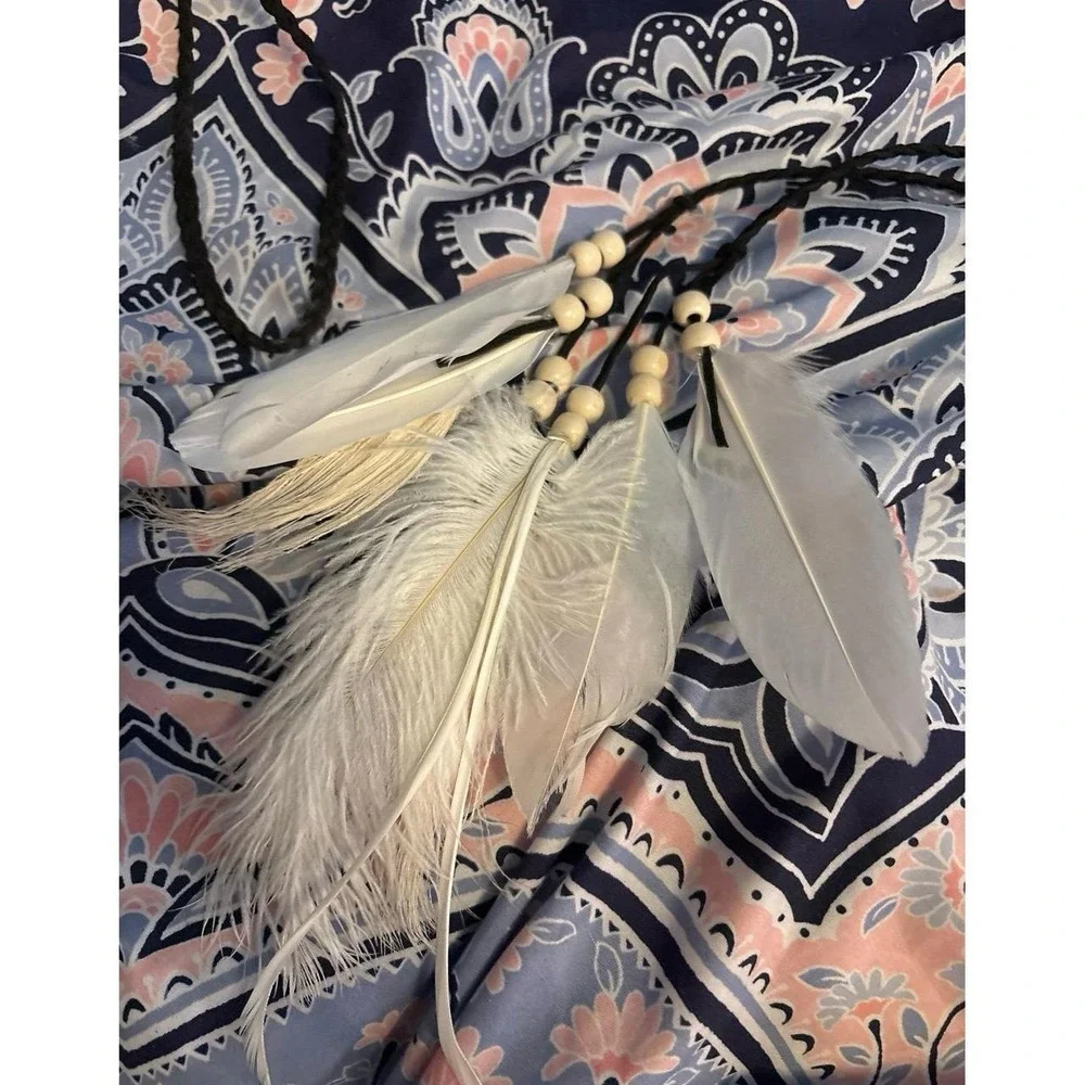 NEW Boho White Feathers Festival Leather Suede Wraparound Headband